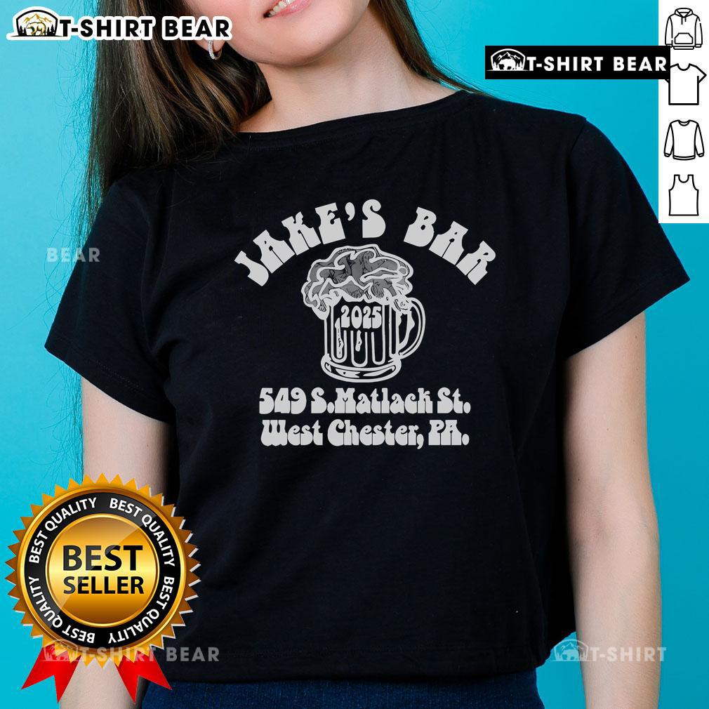 Top Joe Rogan Jakes Bar exterior at 549 S Matlack St, West Chester, PA, featuring the 2025 Ladies Tee sign.