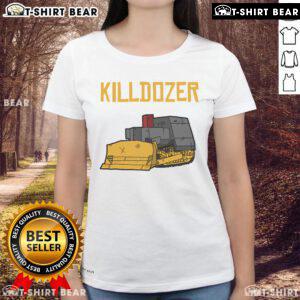 Top Killdozer modified tank bulldozer graphic on a stylish ladies tee, perfect for bulldozer enthusiasts and apparel lovers.