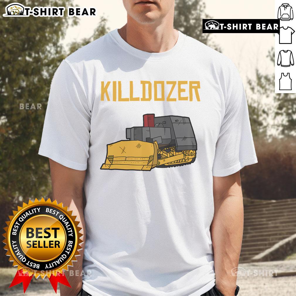 Top Killdozer modified tank bulldozer T-shirt featuring a bold graphic design, perfect for heavy machinery enthusiasts.