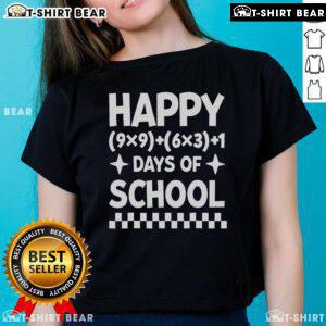 Happy math teacher celebrating 100 days of school in a stylish ladies tee with fun equations design.