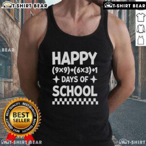 Happy math teacher wearing a tank top celebrating the 100th day of school with fun equations and decorations.
