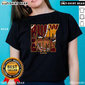 Cartoon design of the Washington Commanders football logo on a ladies tee, featuring the Top NFL Rush Zone theme.