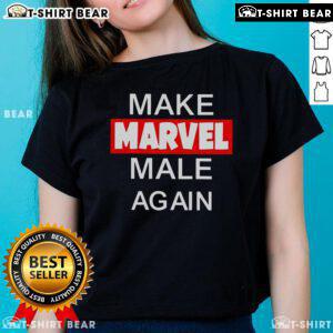 Top Nerdrotic Make Marvel Male Again Ladies Tee featuring bold text design on a stylish women's shirt.