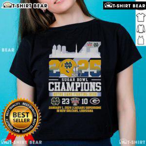 2025 Sugar Bowl Champions Notre Dame Fighting Irish ladies tee, celebrating victory with a score of 23-20.