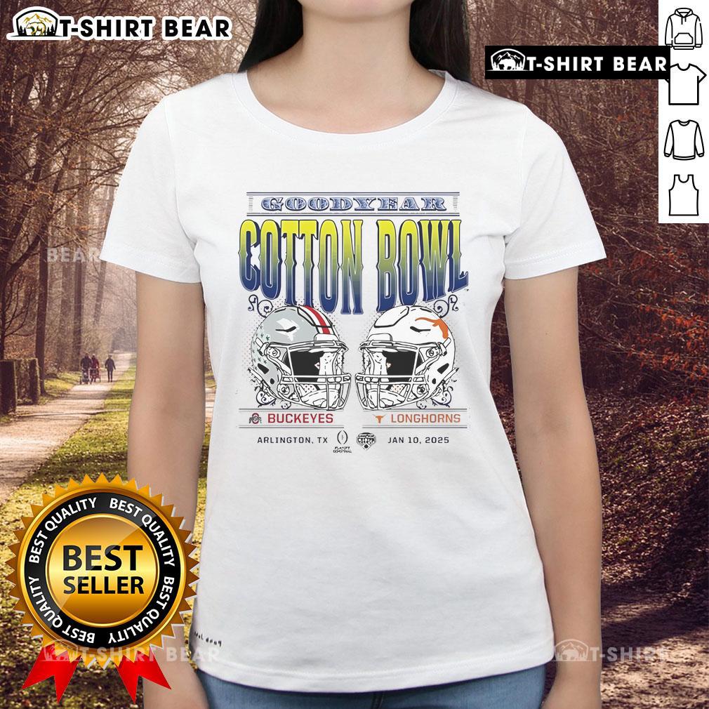 Alt Text: Ohio State vs Longhorns playoff semifinal ladies tee from Jan 10, 2025, Arlington, TX featuring team logos and vibrant design.