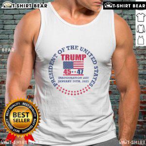 Donald Trump Inauguration Day 2025 tank top featuring the USA flag, celebrating the 47th president of the United States.
