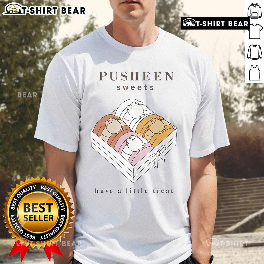 Top Pusheen Sweets Have A Little Treat T-Shirt featuring cute Pusheen graphics and colorful dessert designs.