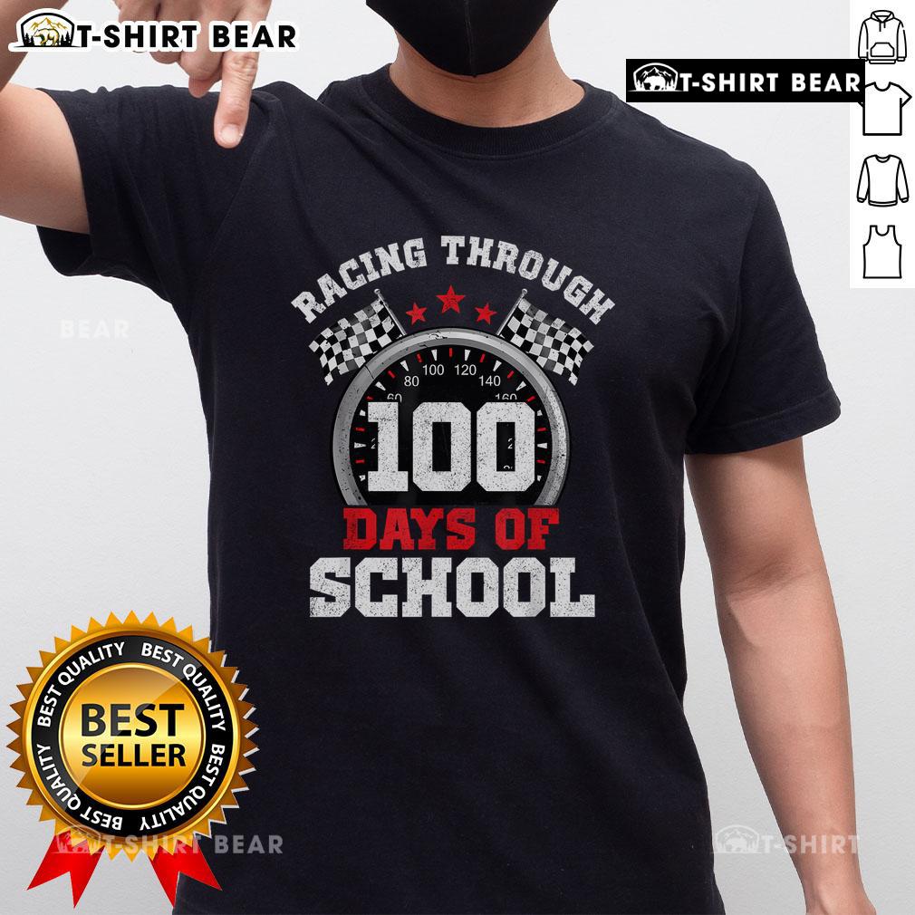Top Racing Through 100 Days Of School T-Shirt featuring vibrant graphics and playful design for celebrating 100th school day.