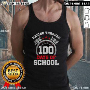 Alt Text: Child wearing a Top Racing Through 100 Days of School tank top, celebrating educational milestones with fun fashion.