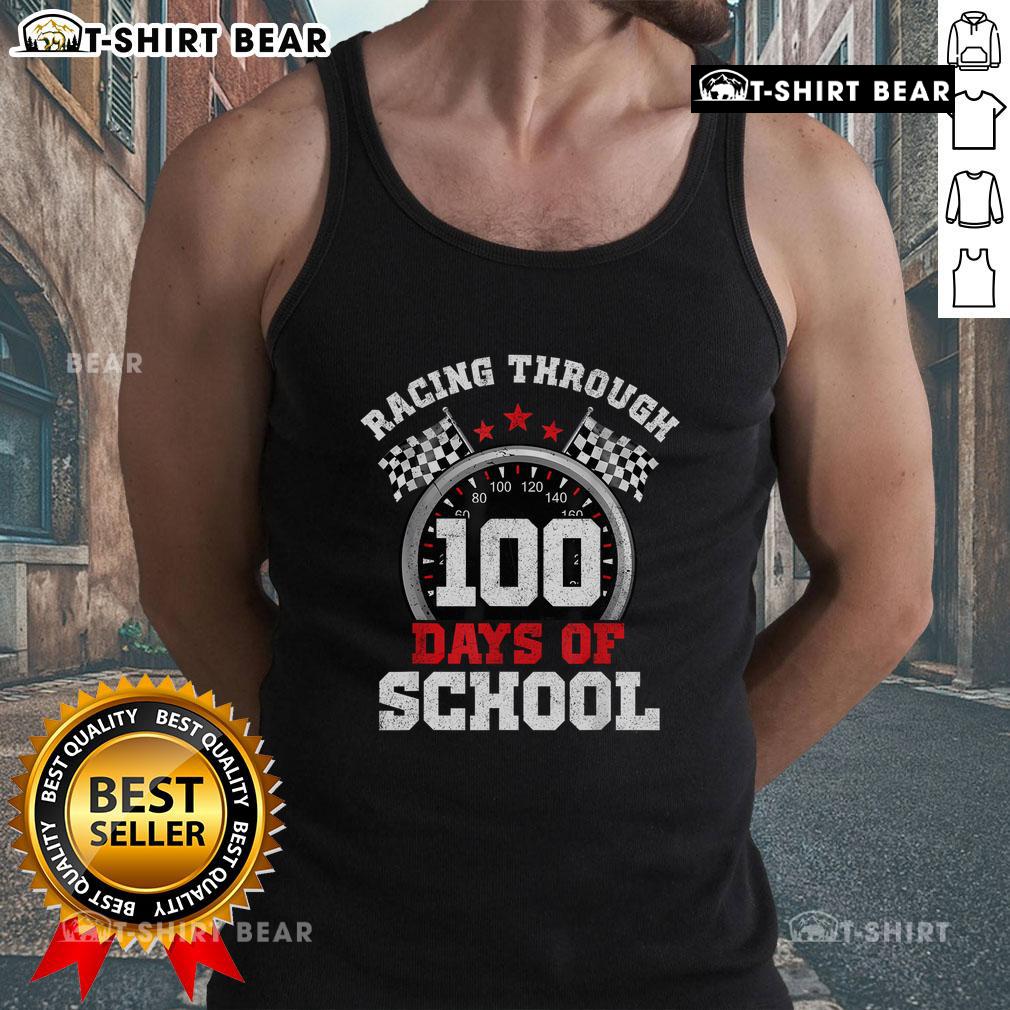 Alt Text: Child wearing a Top Racing Through 100 Days of School tank top, celebrating educational milestones with fun fashion.