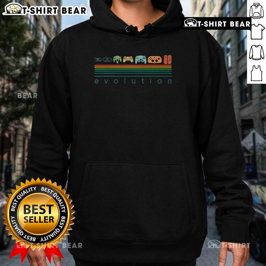 Retro game controller evolution graphic on an 80s-90s game lover hoodie, celebrating classic gaming nostalgia.