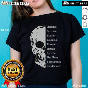 Top Shakespeare's Hamlet cast skull ladies tee featuring iconic design for Shakespeare fans and lovers of classic literature.
