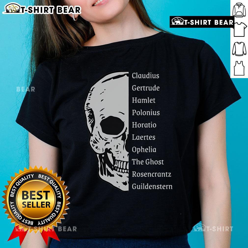 Top Shakespeare's Hamlet cast skull ladies tee featuring iconic design for Shakespeare fans and lovers of classic literature.