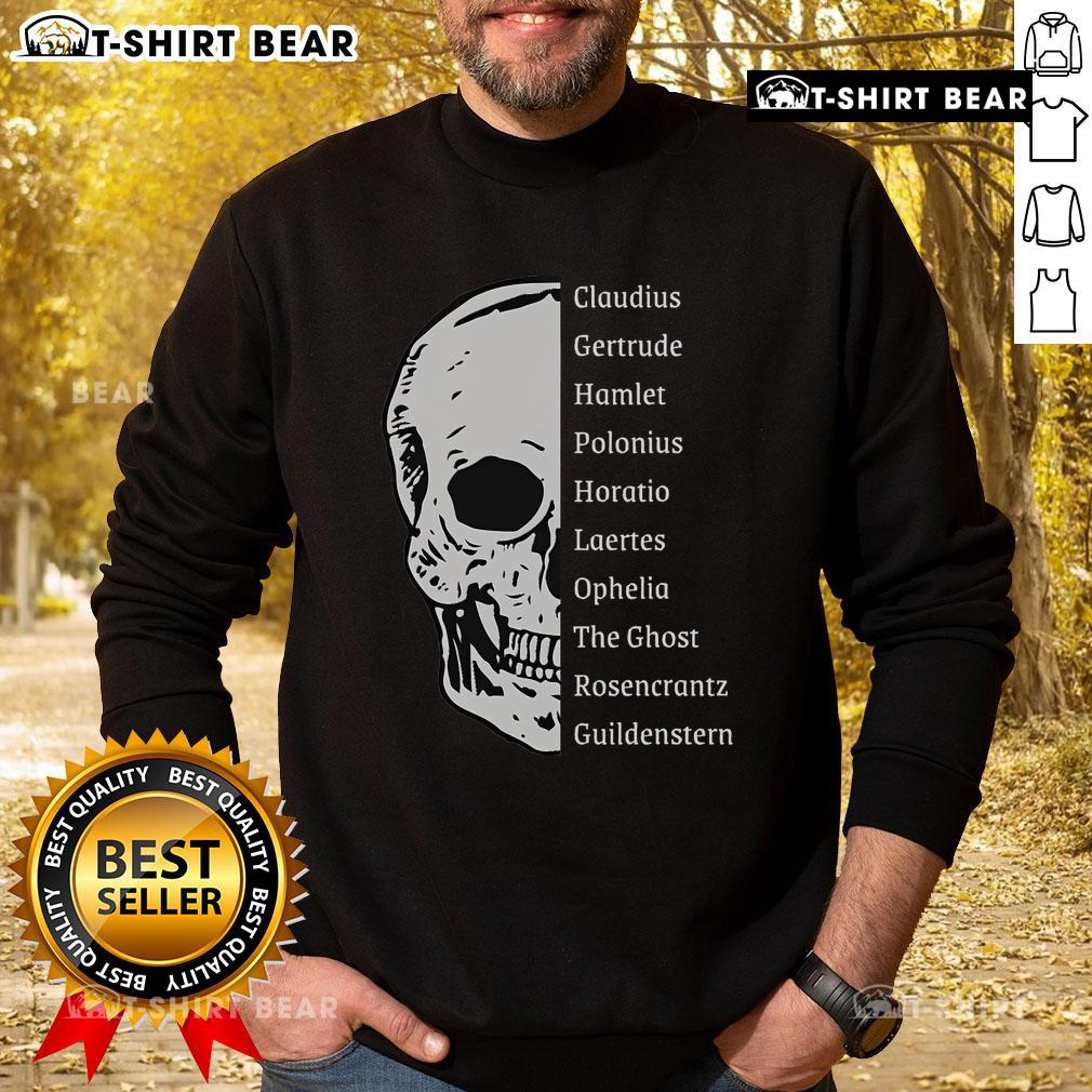 Top Shakespeare's Hamlet cast skull sweatshirt featuring iconic design for literature lovers and theater enthusiasts.