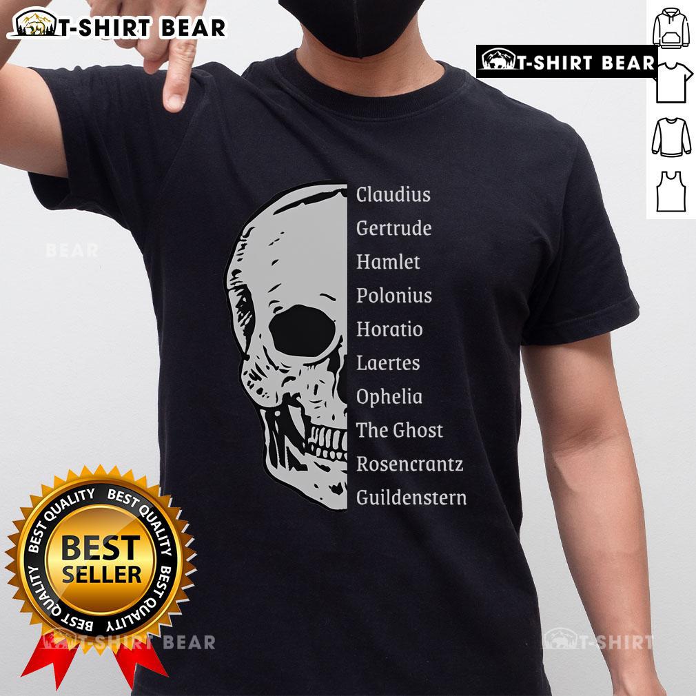 Top Shakespeare's Hamlet Cast & Skull T-Shirt featuring iconic characters and a skull design for literary fans.