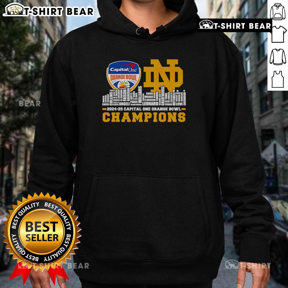 Notre Dame Fighting Irish hoodie celebrating 2024-25 Capital One Orange Bowl champions against a vibrant city skyline.