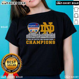 Notre Dame Fighting Irish Ladies Tee celebrating Capital One Orange Bowl Champions with a vibrant top skyline city design.