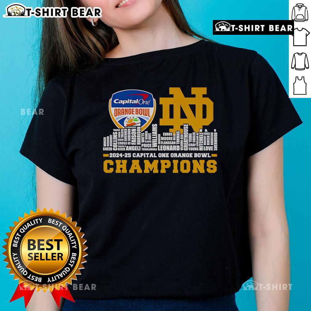 Notre Dame Fighting Irish Ladies Tee celebrating Capital One Orange Bowl Champions with a vibrant top skyline city design.