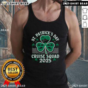 Group wearing 'Top St. Patrick's Day Cruise Squad 2025' tank tops on a festive cruise adventure, celebrating luck and fun.