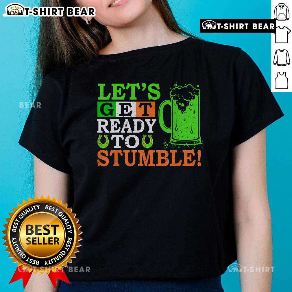 Top St. Patrick's Day Ladies Tee 'Let's Get Ready to Stumble' featuring vibrant beer graphic and festive green design.