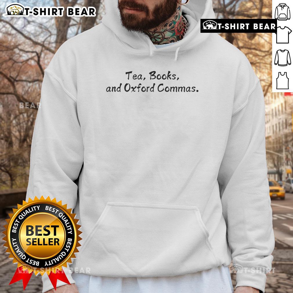 Cozy hoodie with 'Top Tea Books and Oxford Commas' design, perfect for book lovers and tea enthusiasts.