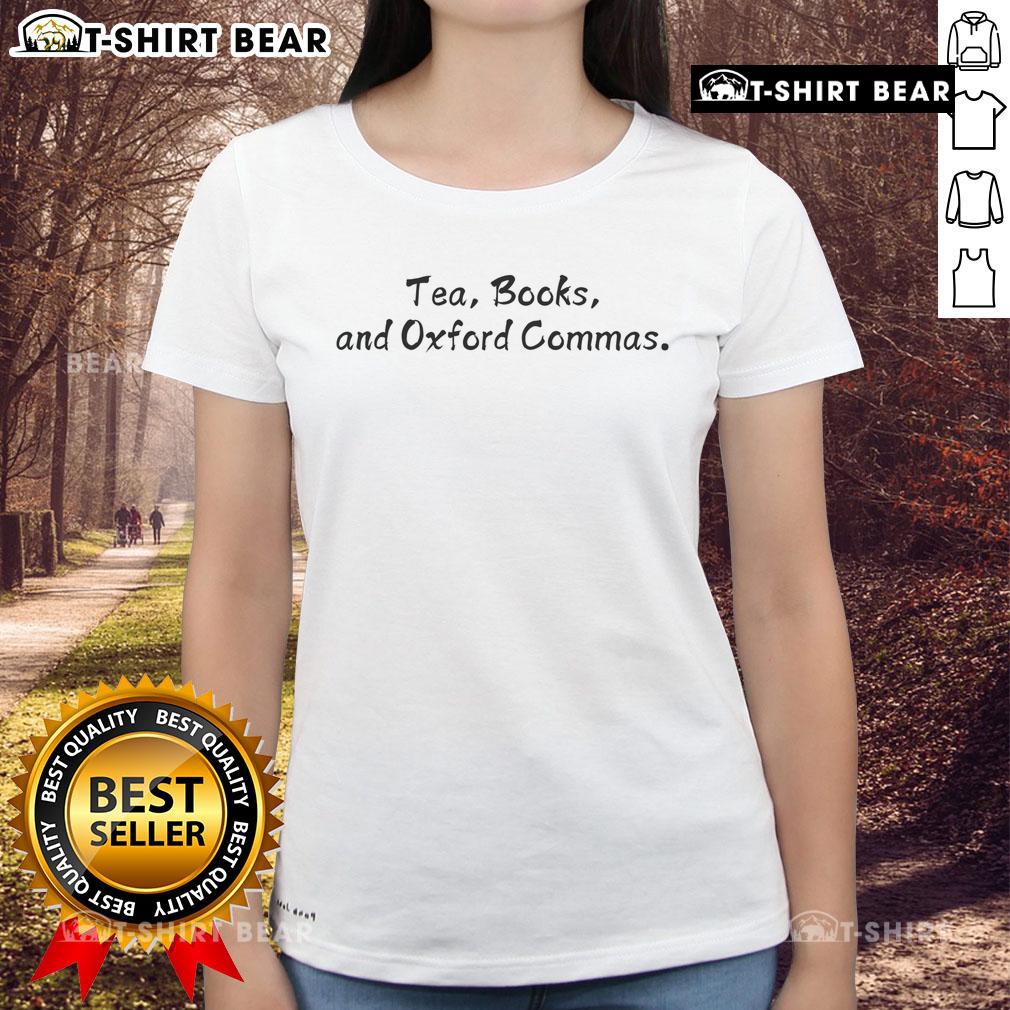 Top Tea Books and Oxford Commas Ladies Tee featuring a stylish design for book lovers and tea enthusiasts.