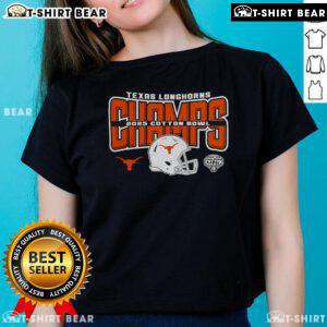 Alt Text: Top Texas Longhorns 2025 Cotton Bowl Game Champs helmet featured on a ladies tee shirt design.
