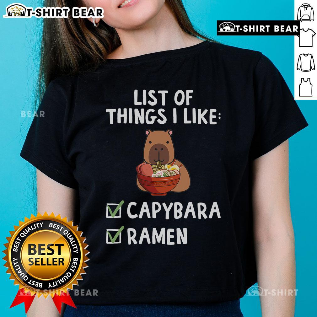Capybara lover ladies tee featuring 'Top Things I Like' design with capybara and ramen, perfect for capybara enthusiasts.