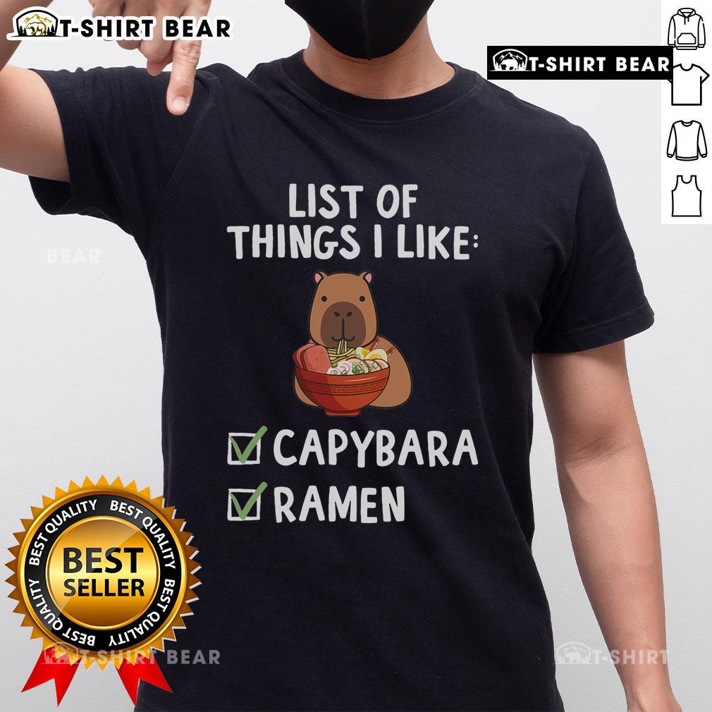 Capybara Lover T-Shirt featuring 'Top Things I Like' design with cute capybara and ramen graphics, perfect for fans.
