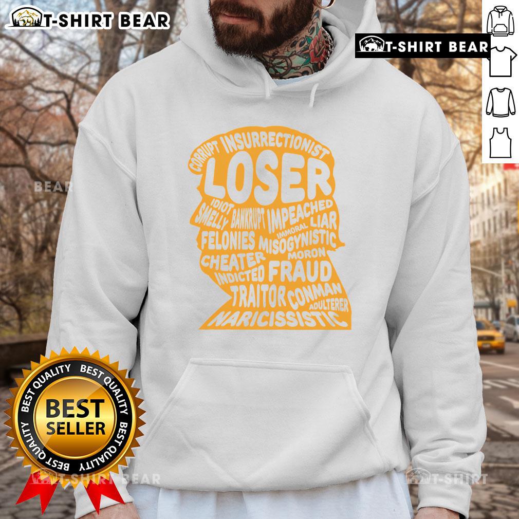 Top Trump Outline hoodie featuring 'Loser, Corrupt, Idiot, Liar, Felonies, Fraud' for political satirical fashion.