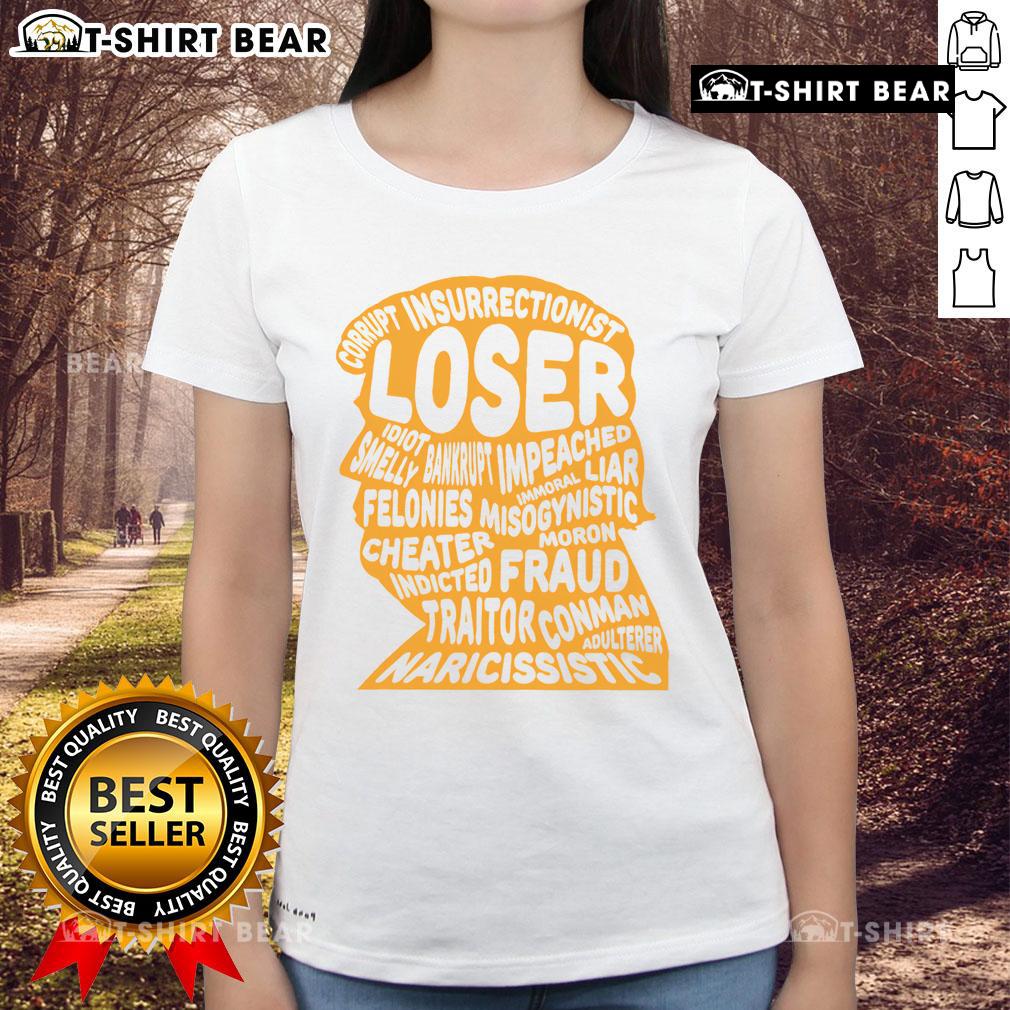 Top Trump outline graphic on a ladies tee, featuring words like 'Loser', 'Corrupt', 'Liar', and 'Fraud' for political statement.