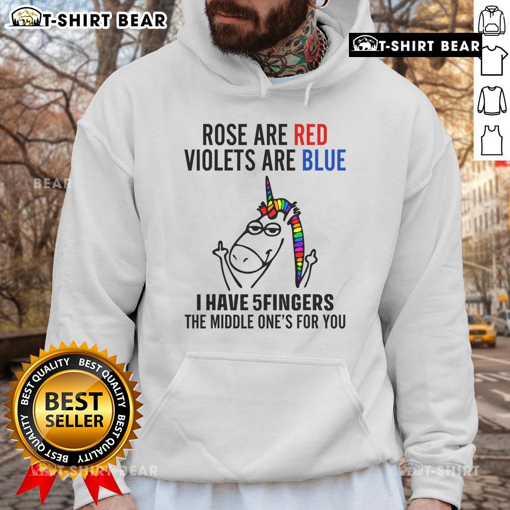 Unicorn hoodie featuring 'Roses are red, violets are blue' with a humorous middle finger design for playful fashion.