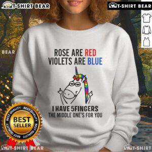Funny 'Unicorn Rose Are Red' sweatshirt featuring whimsical design and playful text about fingers, perfect for casual wear.