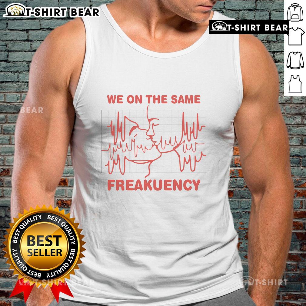 Model wearing Top We On The Same Freakuency Kissing Tank Top, showcasing a stylish design perfect for casual outfits.