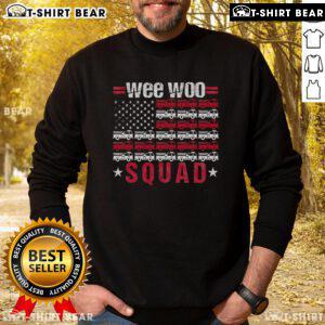 Top Wee Woo Squad Fire Truck America Flag Sweatshirt featuring vibrant design and patriotic colors for fire service enthusiasts.