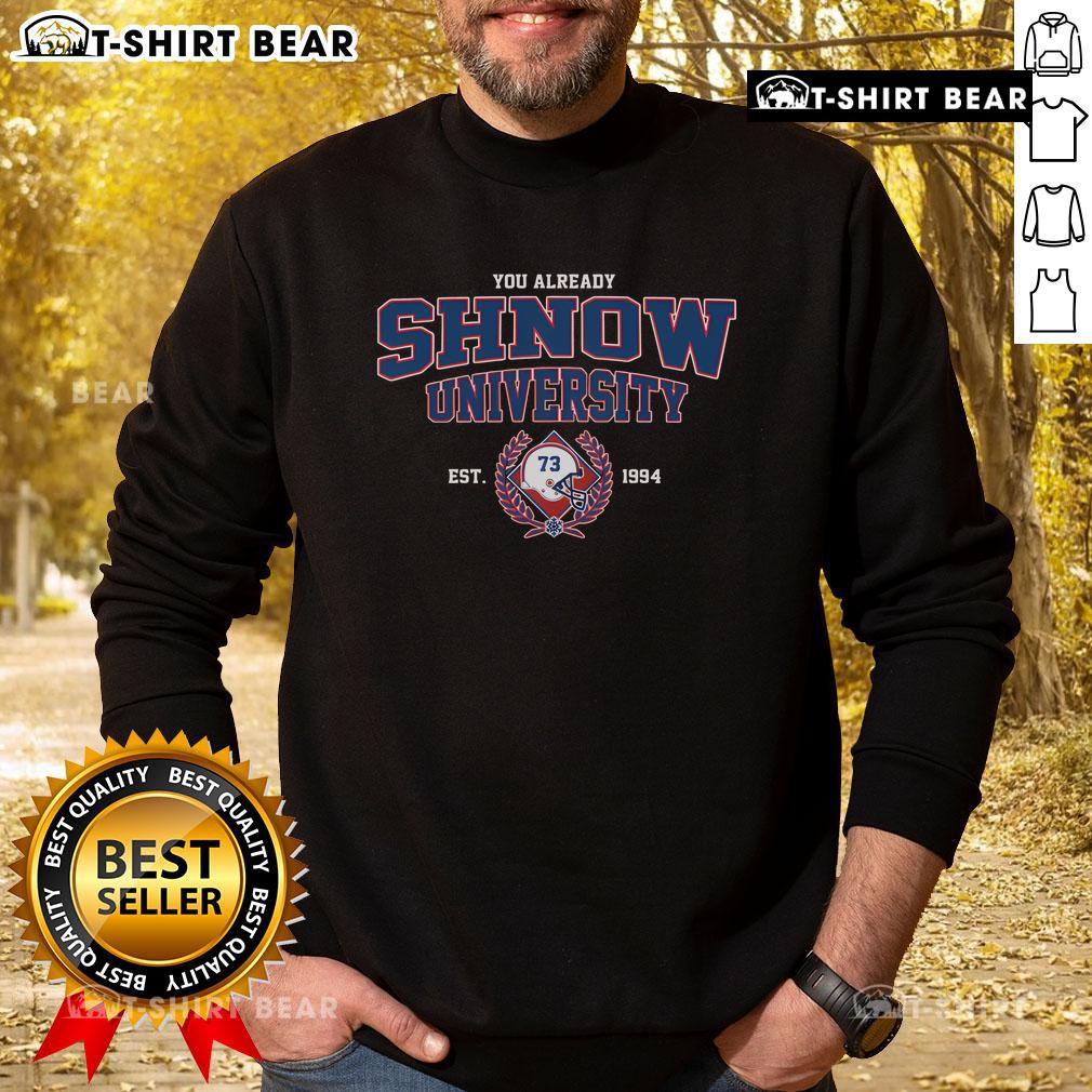 Top You Already Shnow University Est 1994 Sweatshirt in navy blue with a stylish logo, perfect for casual wear.