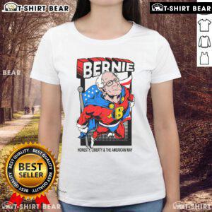 Awesome Bernie Sanders superhero graphic on a ladies tee, perfect for fans and activists who love unique apparel.