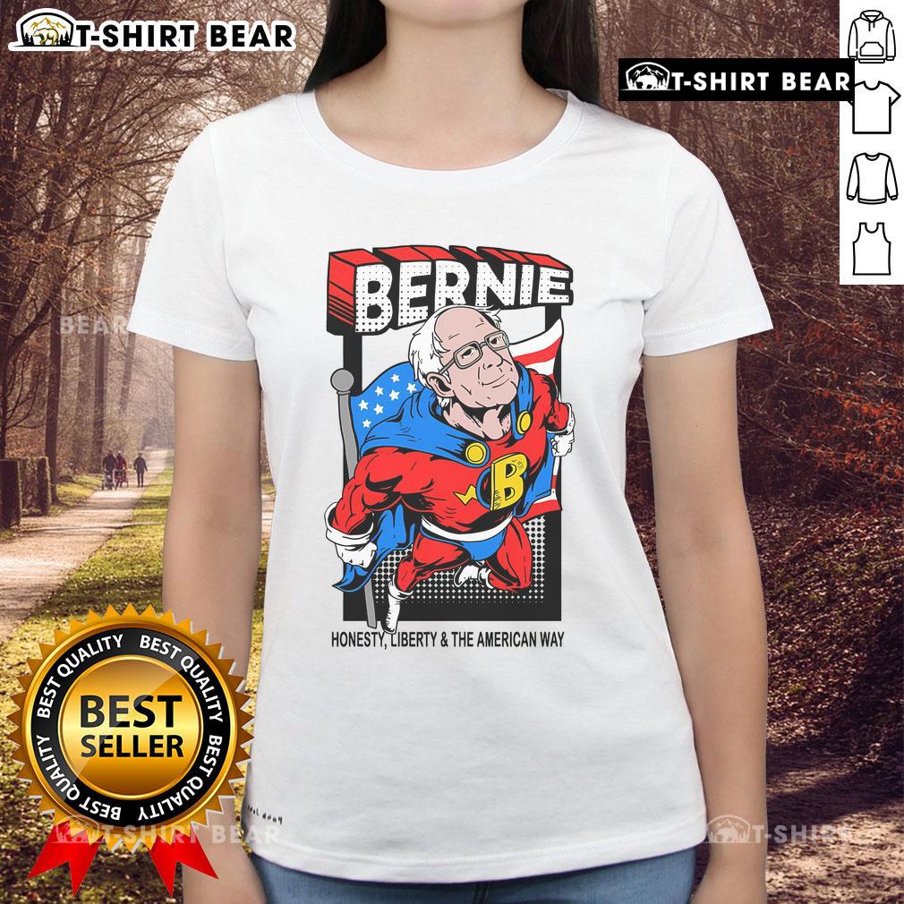 Awesome Bernie Sanders superhero graphic on a ladies tee, perfect for fans and activists who love unique apparel.