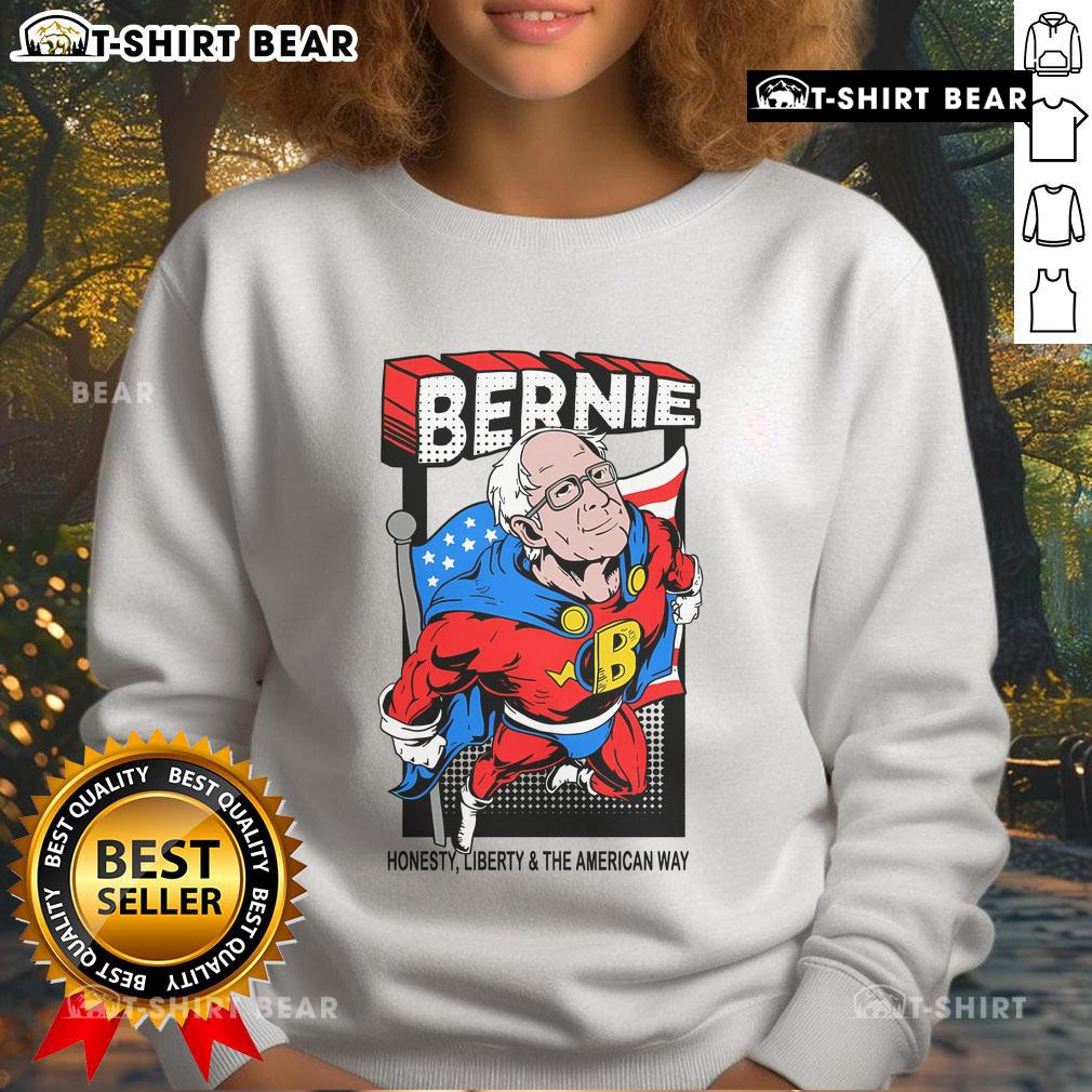 Awesome Bernie Sanders Superhero to the Rescue sweatshirt featuring a vibrant graphic of Bernie as a superhero.