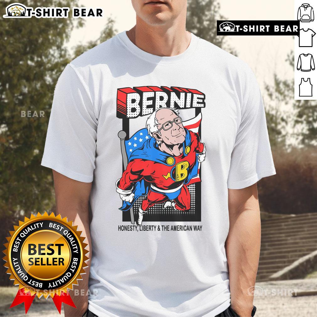 Awesome Bernie Sanders superhero T-shirt featuring a bold graphic of Bernie in a heroic pose, perfect for supporters.