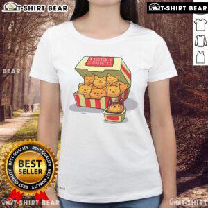 Cute kitten nuggets food pun tee for cat lovers, featuring an adorable graphic design perfect for ladies' casual wear.