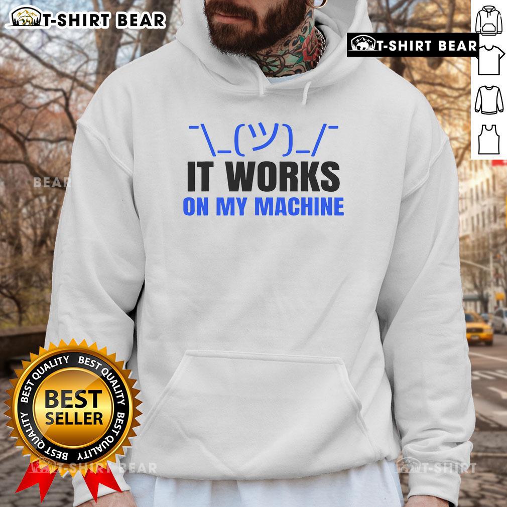 Funny coding programmer wearing 'It Works On My Machine' hoodie, showcasing humor in tech culture. Perfect for developers!