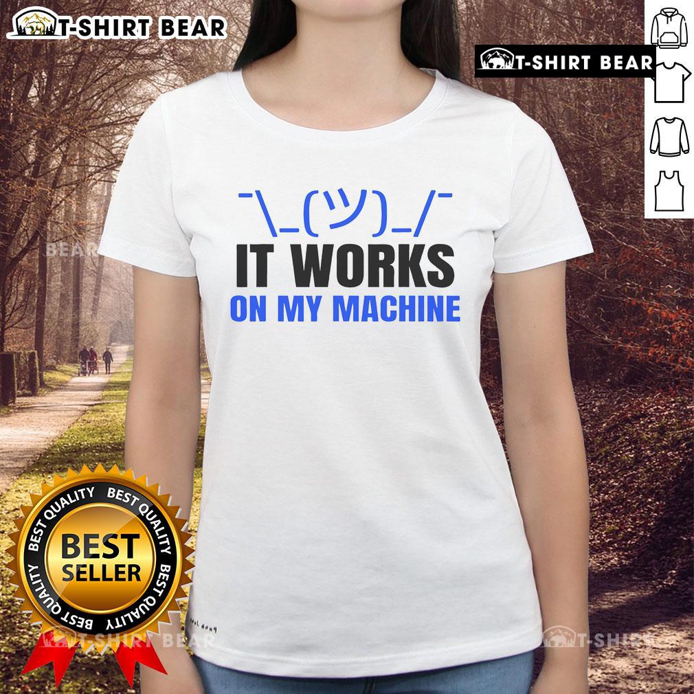 Funny coding programmer in a It Works On My Machine tee, showcasing humor in tech culture. Perfect for IT enthusiasts.