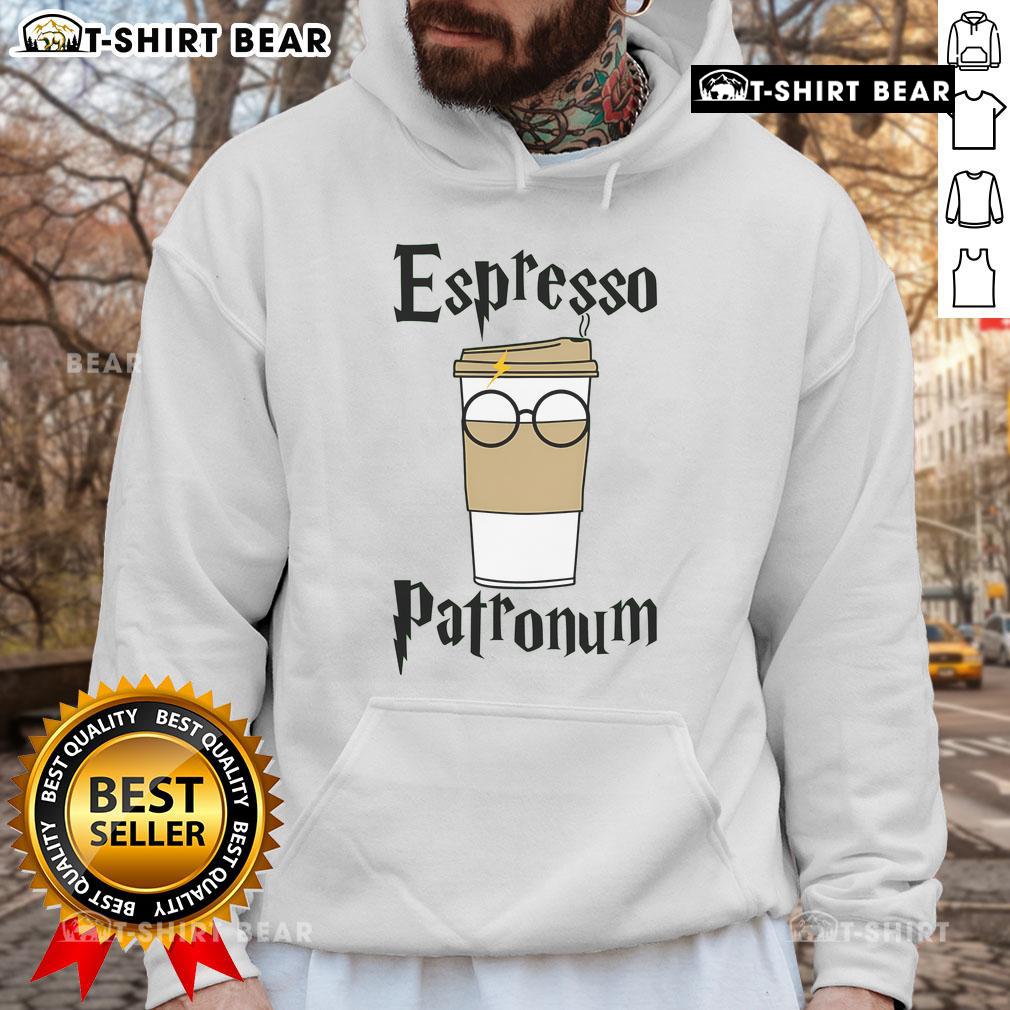 Funny Espresso Patronum coffee hoodie featuring a whimsical design for coffee lovers and Harry Potter fans.