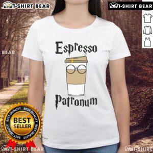 Funny Espresso Patronum Coffee Ladies Tee featuring a whimsical design for coffee lovers and Harry Potter fans.
