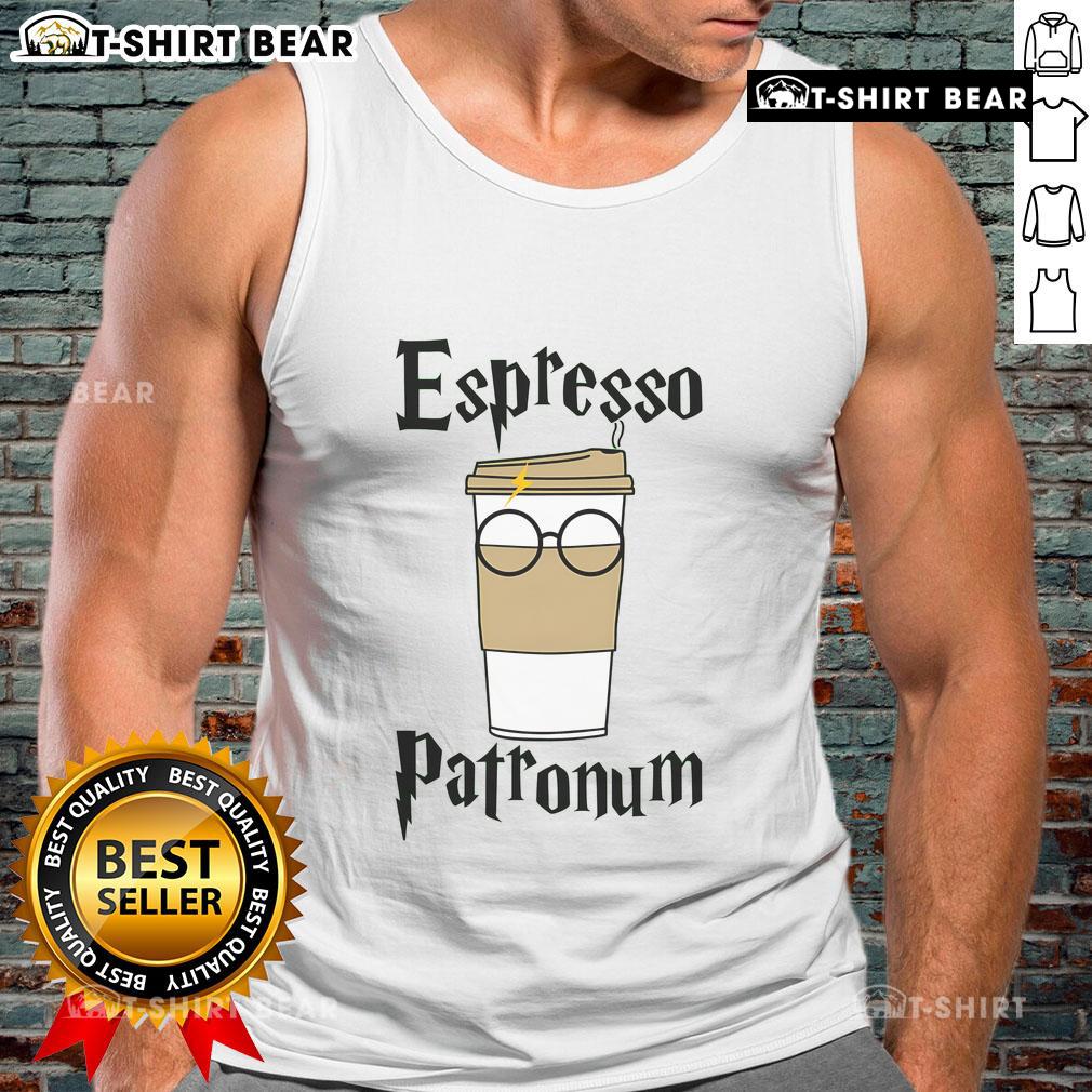 Funny Espresso Patronum coffee tank top featuring a whimsical design perfect for coffee lovers and Harry Potter fans.