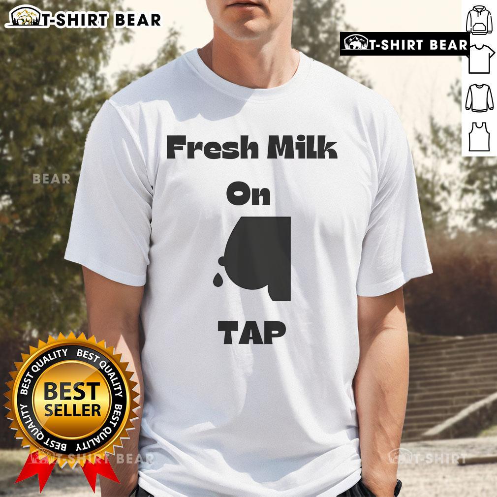 Funny Fresh Milk On Tap T-Shirt featuring a playful graphic of a milk tap design, perfect for dairy lovers and humor fans.