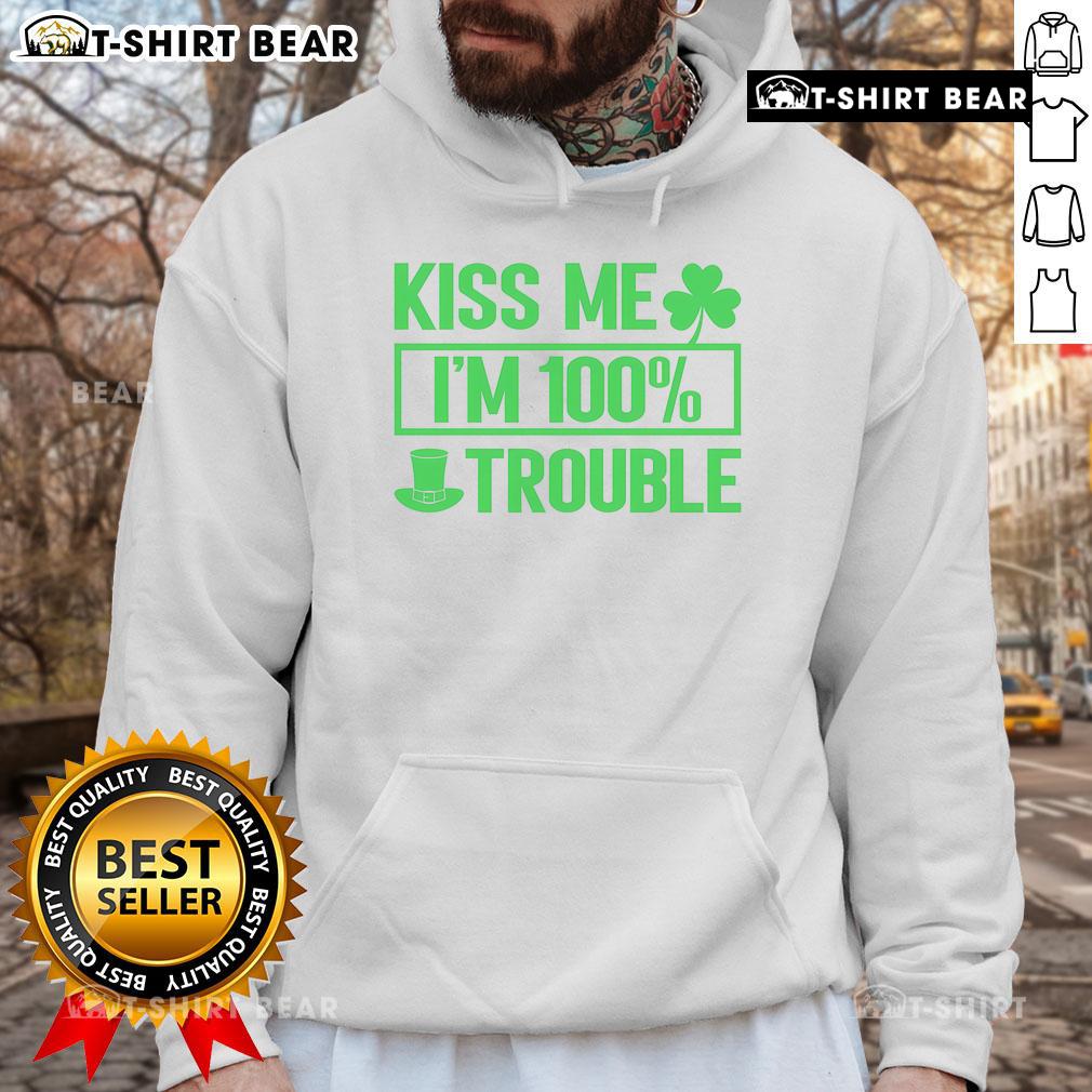 Funny Kiss Me I'm 100 Percent Trouble St. Patrick's Day shamrock hoodie design with vibrant green colors and playful text.