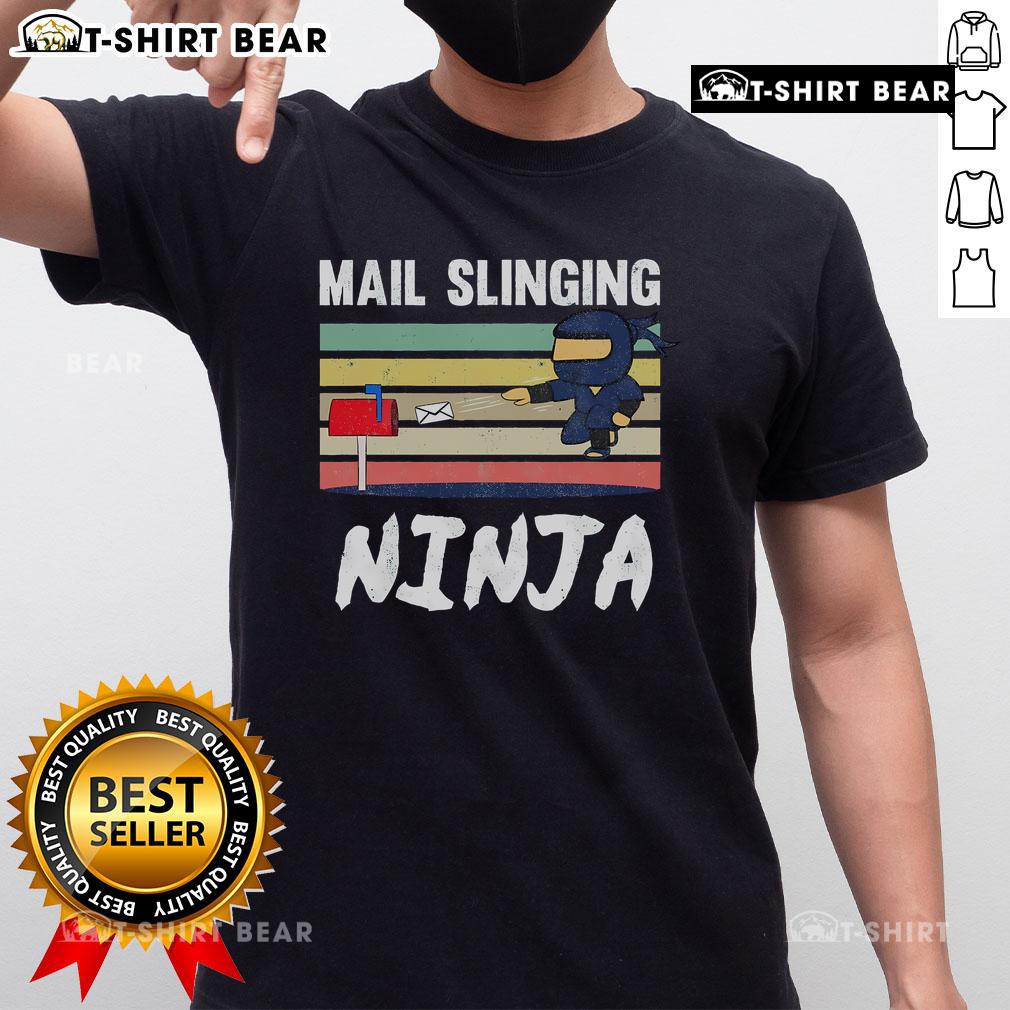 Funny Mail Slinging Ninja Mailman T-Shirt featuring a retro postman design, perfect for mail carriers and humor lovers.