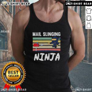 Funny mail-slinging ninja mailman in a retro tank top delivering mail with style and humor.